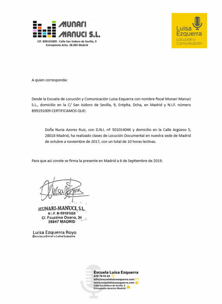 Locuciones y Doblajes Madrid Certificado Nuria Azores Ruiz en Escuela de Locución y Comunicación Luisa Ezquerra Munari Manuci S.L. - LocucionesyDoblajesMadrid.es