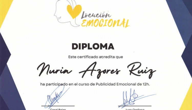 Diploma locuciones emocional Nuria Azores. - Locucionesydoblajesmadrid.es